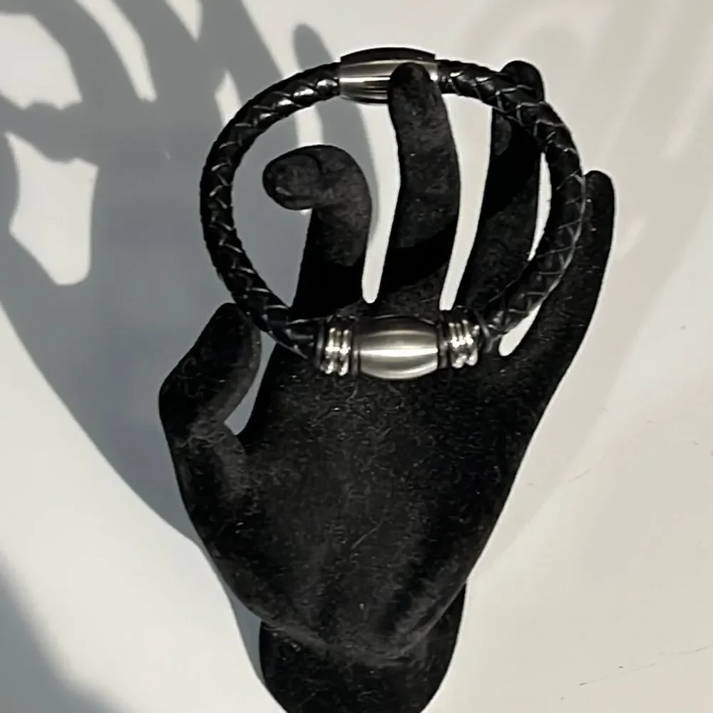 Leather Braided Bracelet with Silver Tone Hardware & Magnetic Closure